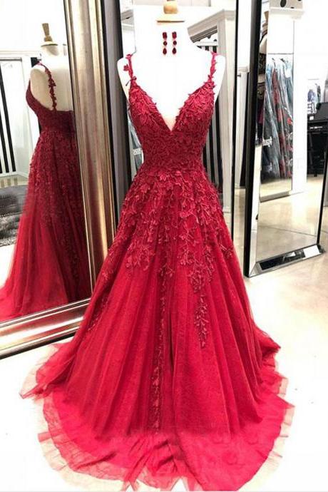 P3461 Burgundy tulle v neck long spring prom dress with lace appliqué