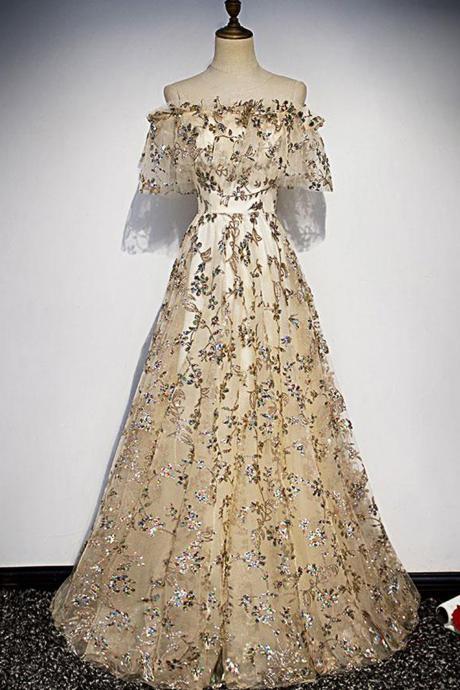 P3464 Gold Floral Printed Lace Off Shoulder Long Evening Dress, Prom Dress