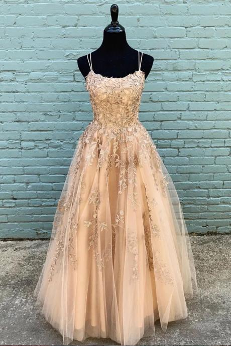 P3466 Stylish Champagne Tulle Custom Made Long Senior Prom Dress, Evening Dress With Applique