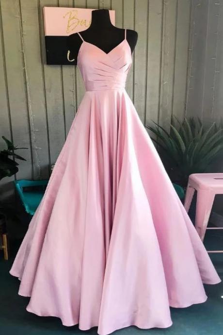 P3467 Pink Satin A Line Spaghetti Straps Long Senior Prom Dress, Pink Party Dress
