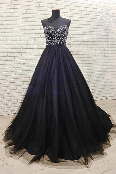 P3468 2021 Black Tulle Sweetheart Neck Sequined Long Senior Prom Dress, Party Dress
