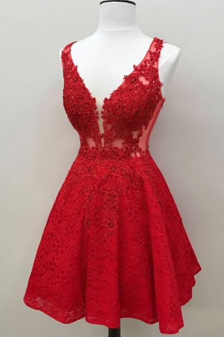 H3469 Simple Red Lace V Neck Short Halter Party Dress, Bridesmaid Dress