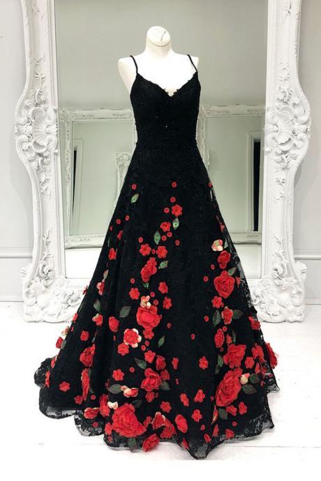 P3471 Gorgeous Black Flower Lace Long Customize Prom Dress, Black Evening Dress
