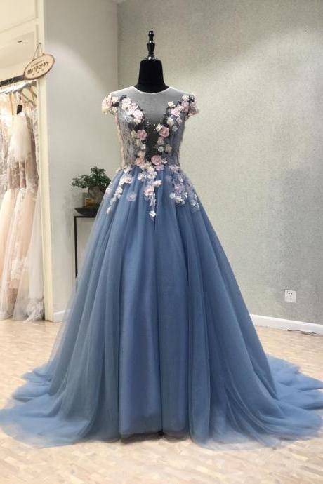 P3473 Blue tulle see through back long 3D lace flower evening dress, long senior prom dress with cap sleeves
