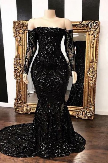 P3474 Black Off The Shoulder Mermaid Prom Party Dresses 2021 New Long Sleeve Sweep Strain Sequined Formal Evening Gowns