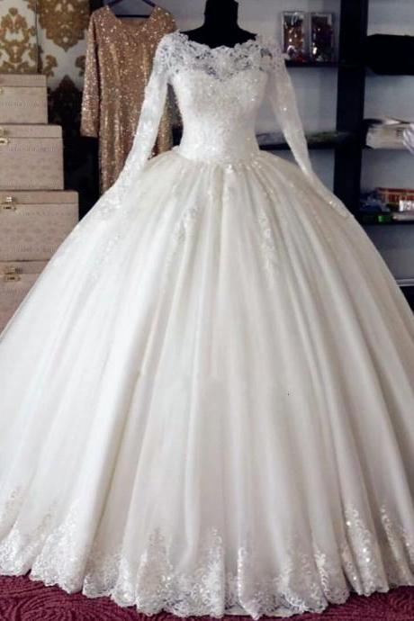 W3480 Lace Appliques Bateau Neck Long Sleeves Floor Length Tulle Wedding Gown Featuring Train