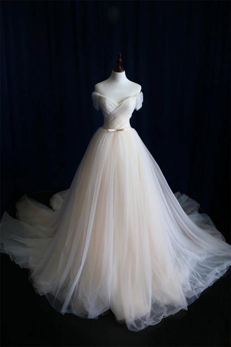 W3481 Simple Light Champagne Tulle Long Prom Dress, Champagne Tulle Wedding Dress