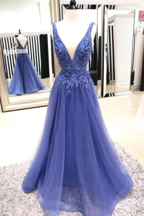 P3483 Sexy V Neck Tulle Prom Dress, A Line Appliques Prom Dresses , Long Evening Dress