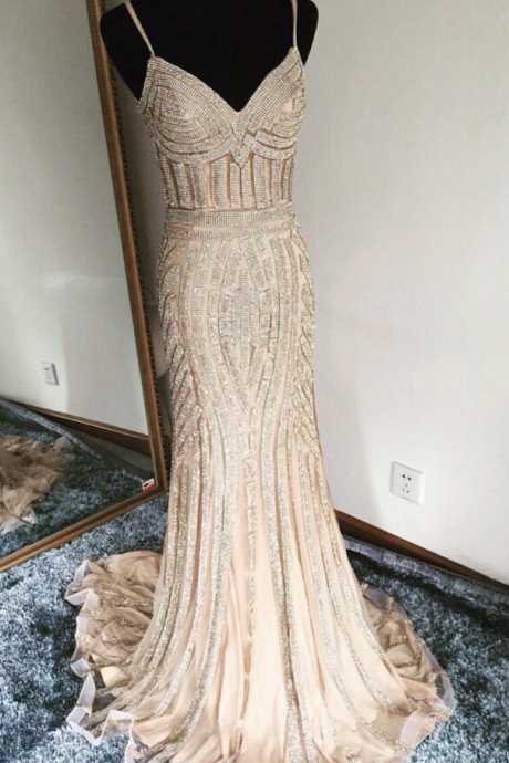P3485 Champagne Prom Dress,mermaid Prom Dress,mermaid Evening Dress,gold Beading Dress,prom Dress ,luxury Evening Gowns