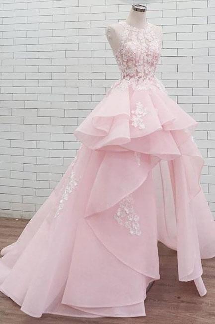 P3488 Pink Round Neck Lace Long Prom Dress, Sweet 16 Dress