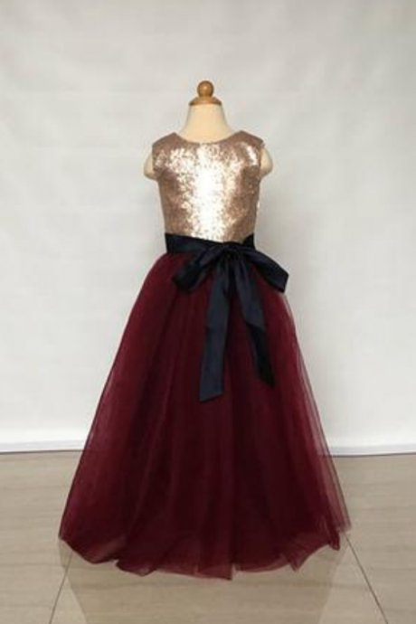 Fg3491 Floor Length Sleeveless Gold Sequin Burgundy Tulle Flower Girl Dress With Black Sash