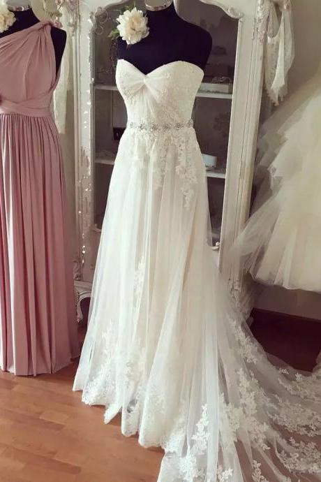W3499 Beach Wedding Dress with Sparkly Belt ,A line Long Train Bridal Gown