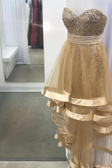 P3500 Gold Sequins High Low Sweetheart Prom Dresses Long Prom Dress