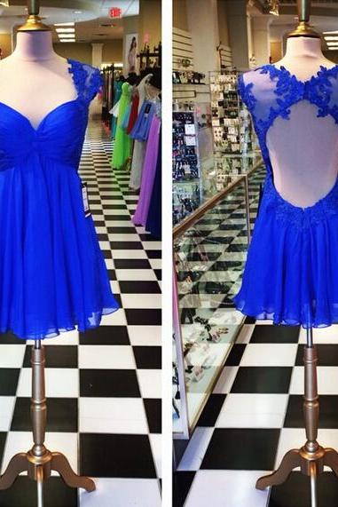 H3501 2021 Royal Blue A Line Chiffon Prom Dresses Lace Keyhole Back Homecoming Cocktail Party Gowns Vestidos