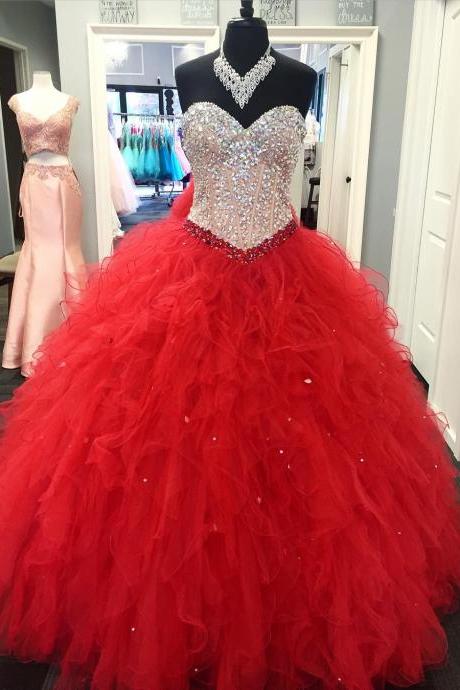 P3503 Princess Prom Ball Gown, Red Quinceanera Dresses, Sweet 16, Rhinestones Prom Dress, Sweet 18 Dresses, Sparkly Prom Dress, Tiered Prom