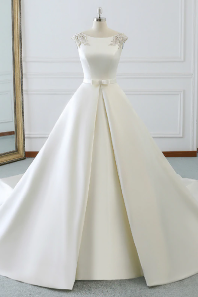W3506 White Satin Cap Sleeve Backless Wedding Dress With Pearls