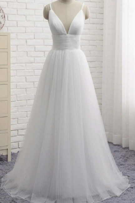W3508 Simple White Spaghetti Straps Tulle V-neck Backless Wedding Dress