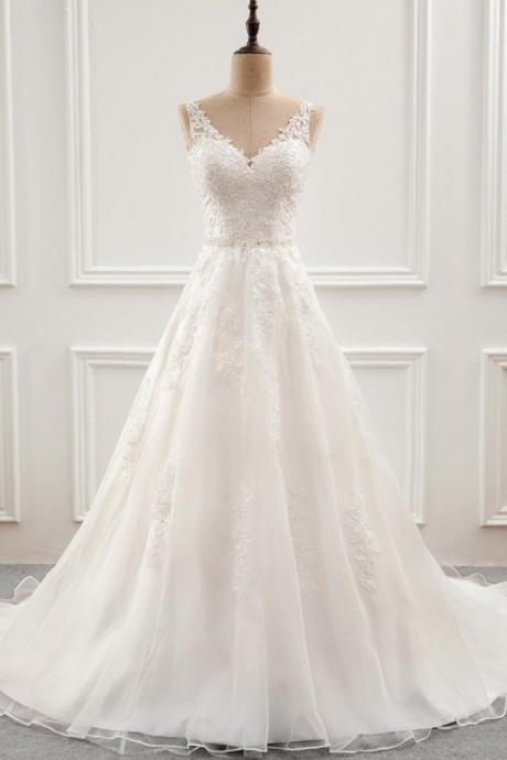 W3513 Fabulous Tulle & Organza V-neck Neckline A-line Wedding Dress With Beaded Lace Appliques