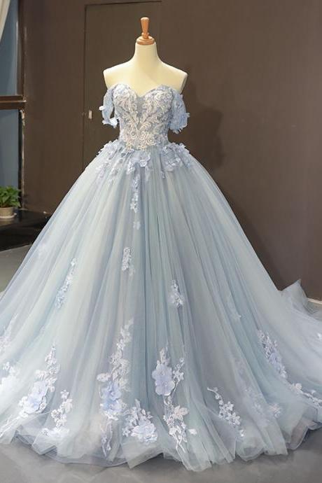 W3522 Glamorous Ball Gown Off The Shoulder Light Blue Long Prom/evening Dress With Appliques