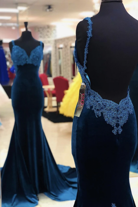 P3523 Sexy Mermaid Spaghetti Straps Navy Blue Long Prom/evening Dress Appliques