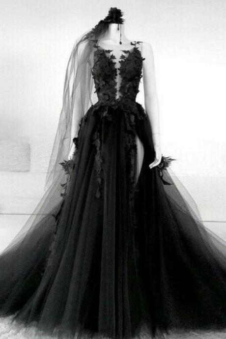 P3526 Black Tulle Lace Long Prom Dress Black Tulle Lace Evening Dress