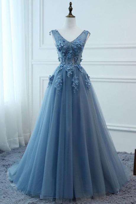 P3528 Beautiful Blue Long Tulle Prom Dress With Lace Flowers, Party Gowns