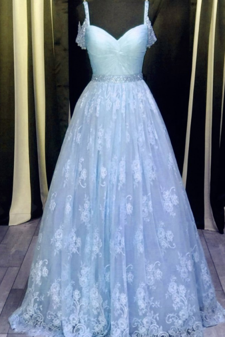 P3533 Off The Shoulder Floor Length Lace Formal Dress, Prom Dresses,sky Blue Tulle Party Dresses
