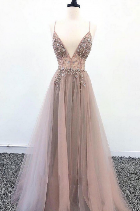 P3534 Deep Champagne Tulle V Neck Long Spaghetti Straps Sequins Evening Dress, Prom Dress