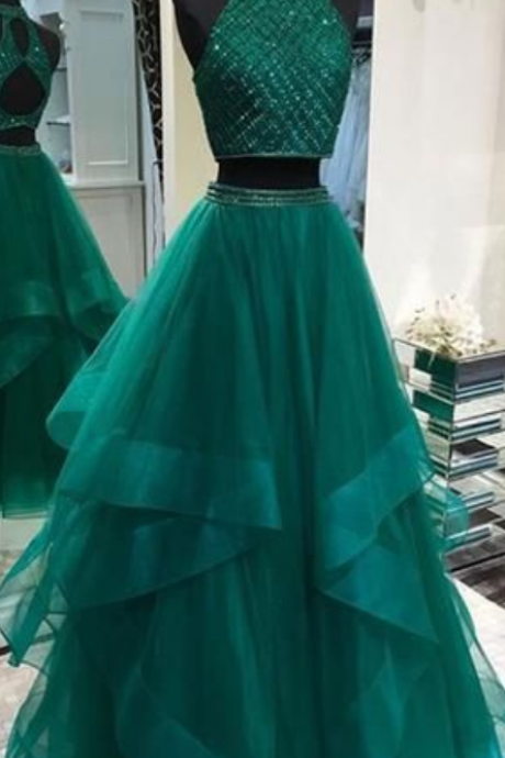 P3539 Sexy prom dress Two Pieces evening dress Emerald Green party dress Open Back Evening Prom Dresses, Cheap Custom Sweet 16 Dresses