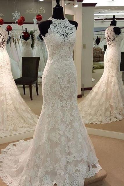 W3541 Beaded Halter Mermaid Lace Wedding Dress, Bridal Dresses