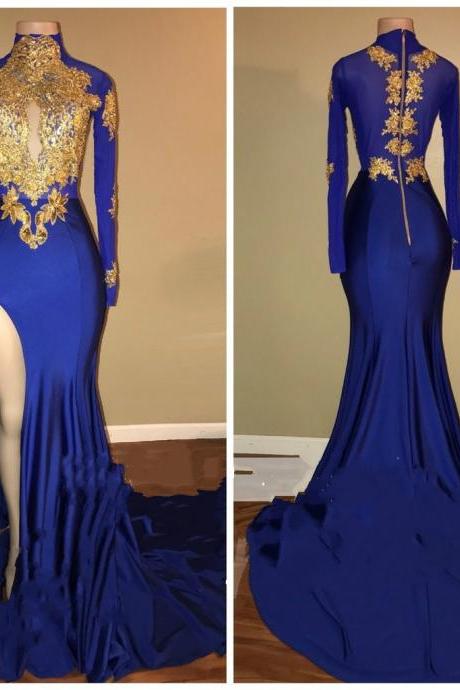 P3564 Royal Blue And Gold Prom Dresses Long Sleeves Side Slit Evening Gowns