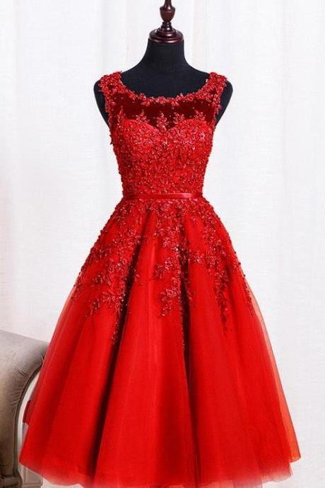 H3574 Red Beaded Lace Appliques Short Prom Dresses Robe Knee Length Party Evening Dress