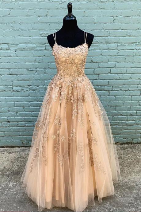 P3576 Elegant Champagne/pink Appliques Lace Long Prom Dress,spaghetti Straps Tulle Evening Dresses