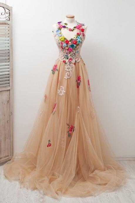 P3599 A-line Scoop Sleeveless Open Back Appliques Tulle Prom Dress With Hand-made Flowers