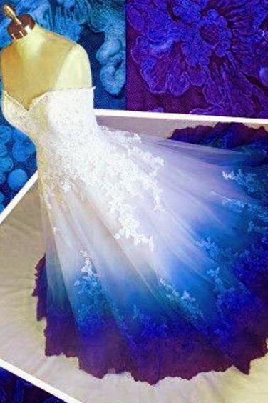 W3608 Royal Blue Ombre Prom Dress Sweetheart, Ball Gown Lace Applique Long Wedding Dresses