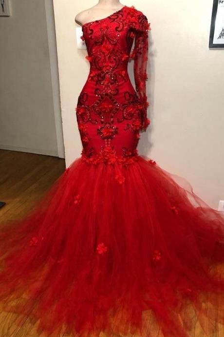 P3612 One Shoulder Mermaid Red Prom Dress,Tulle Beaded Prom Dresses,Red Evening Dresses,