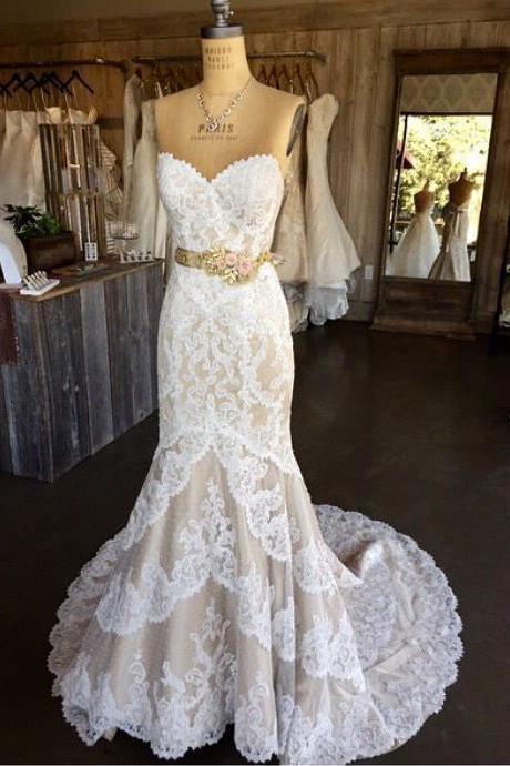 P3622 Princess Mermaid Strapless Sweetheart Lace Appliques With Flowers Wedding Dresses