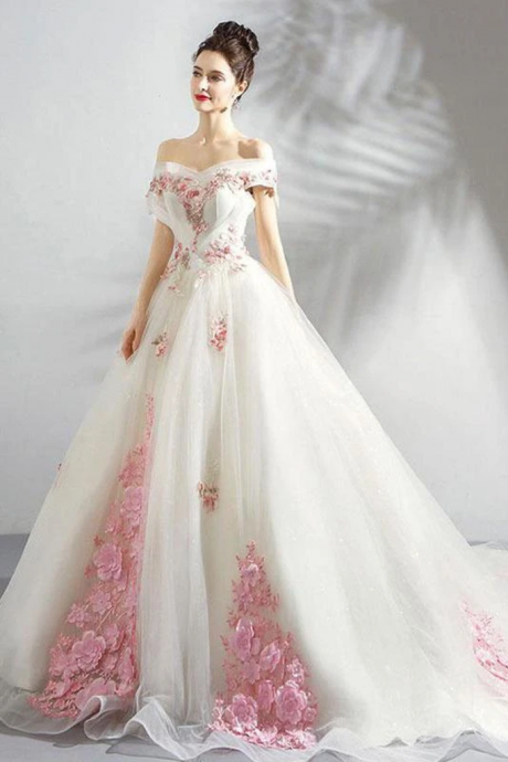 W3623 Unique Off The Shoulder Tulle Wedding Dress With Pink Flowers Ball Gown