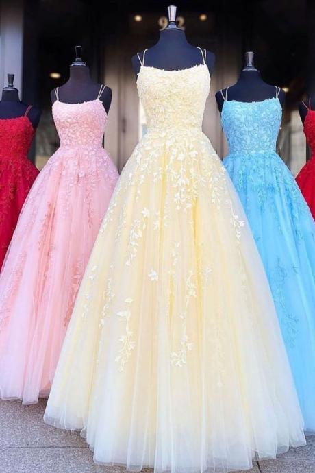P3627 A Line Tulle Yellow Spaghetti Straps Prom Dresses With Appliques, Party Dresses