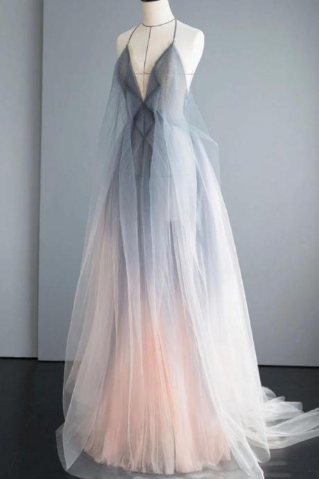 P3628 Simple Deep V Neck Ombre Tulle Halter Sleeveless Prom Dresses Backless Formal Dresses