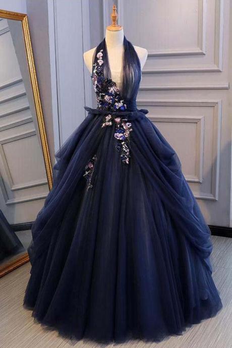 P3631 Ball Gown Blue Tulle Lace Long Prom Dresses Deep V Neck Backless Evening Dresses