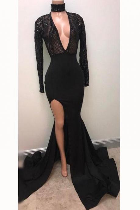 P3632 2021 Satin Fabulous Black Halter Deep V-neck Long Sleeve Split Sexy Prom Dresses