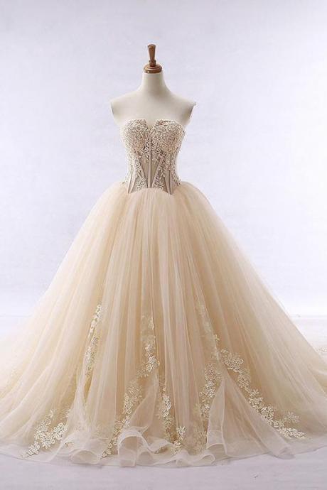 P3633 Chic Ball Gowns Strapless Sweetheart Tulle Lace Up Modest Lace Long Prom Dresses