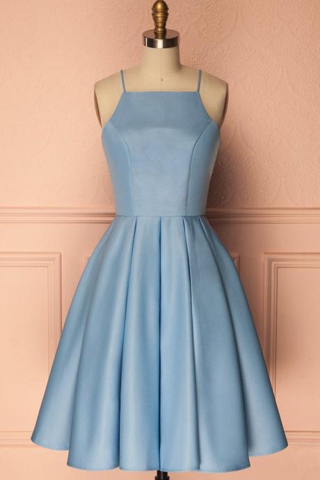 H3634 A Line Blue Halter Sleeveless Short Satin Knee Length Homecoming Dress