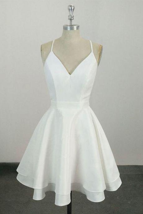 H3636 Cute Spaghetti Straps White V Neck Knee Length Short Prom Dress, Homecoming Dress