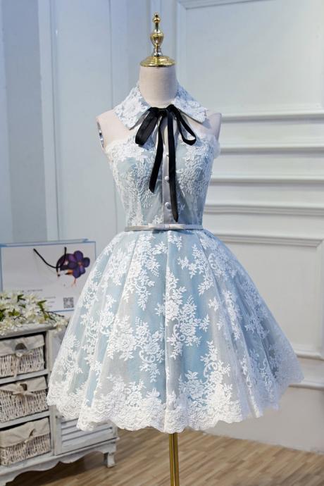 H3638 Halter Light Sky Blue Lace Appliques Homecoming Dresses With Lace Up, Cocktail Dresses