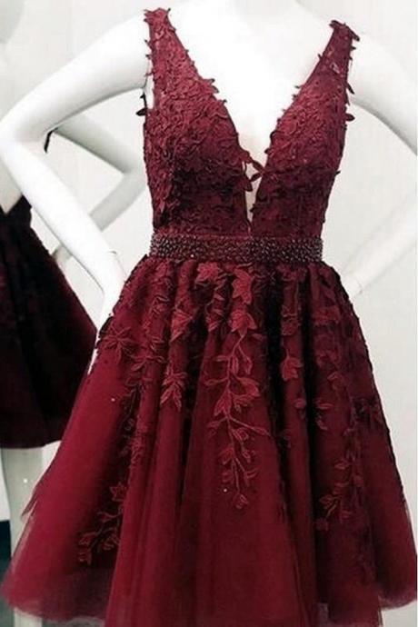 H3640 Cute Red Lace Appliques Homecoming Dresses V Neck Tulle Above Knee Short Prom Dress