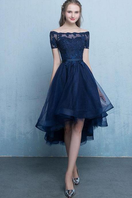 H3642 Dark Blue Lace Tulle Short Sleeve High Low Round Neck A-line Short Prom Dresses