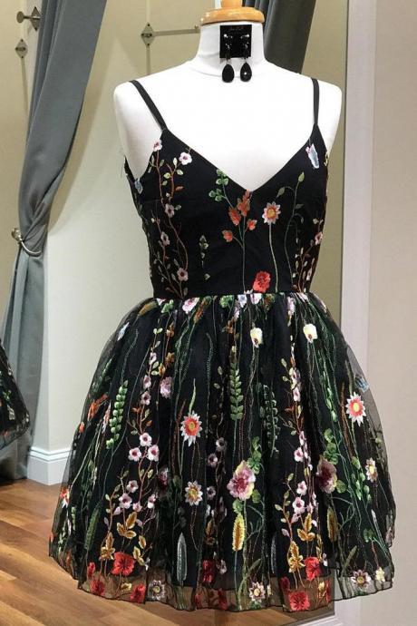 H3643 Cute Straps Black Embroidery Floral V Neck Short Homecoming Dress,short Prom Dress