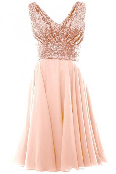 H3645 A Line Blush Pink V Neck Chiffon Short Bridesmaid Dress With Rose Gold Sequins